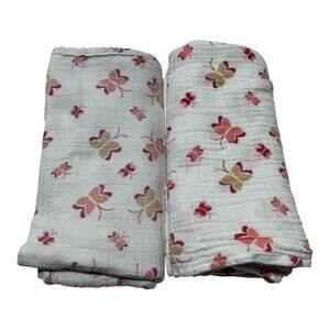 2 Aden & Anais Pink Tan Beige Butterfly Muslin Swaddle Baby Blanket Cotton